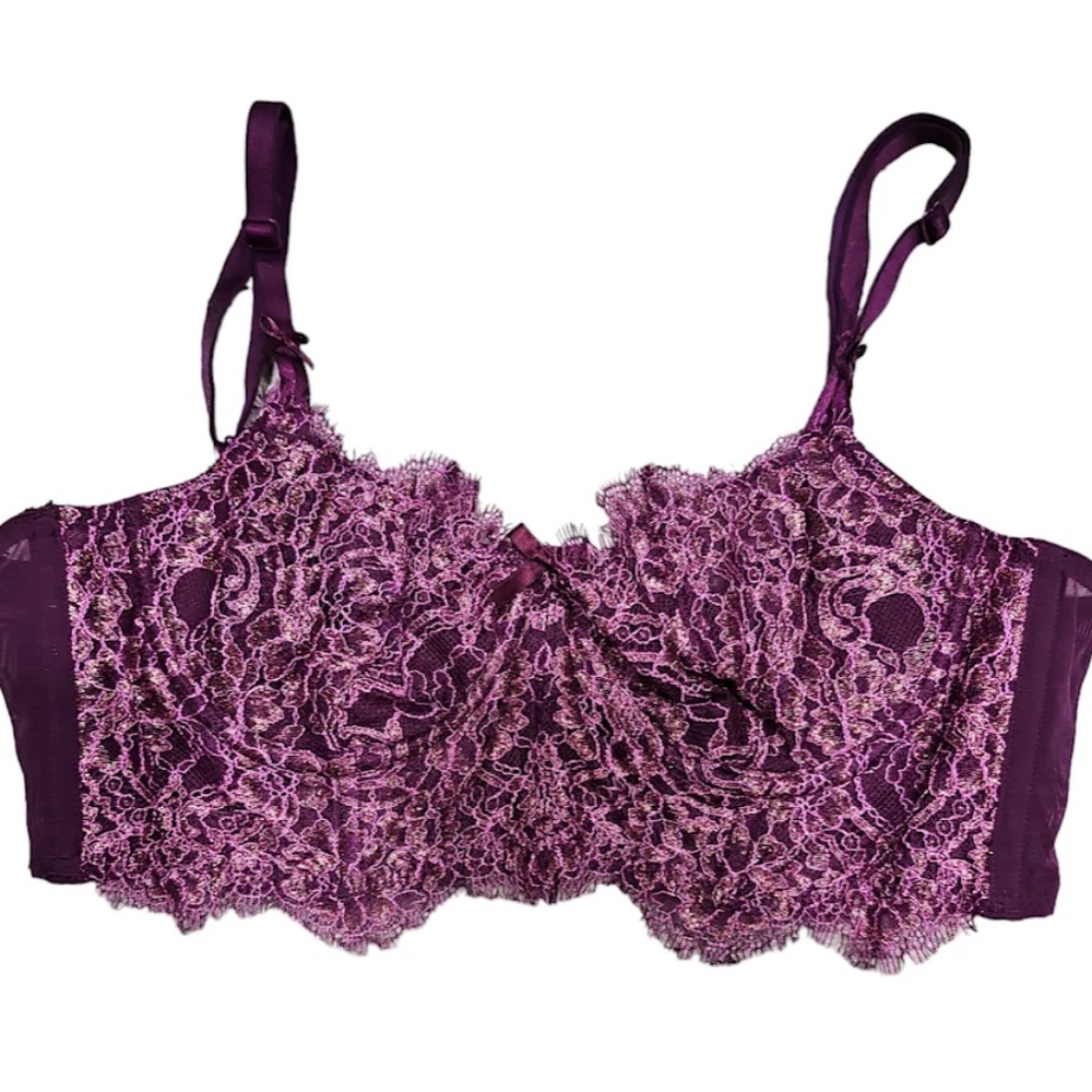 Victoria's Secret Bra Womens burgundy pink gold lace Push Up No pad 36B